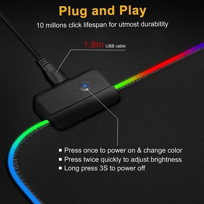 Tapis de Souris Gaming RGB LED — 8 Modes Lumineux, Imperméable, 4 Tailles