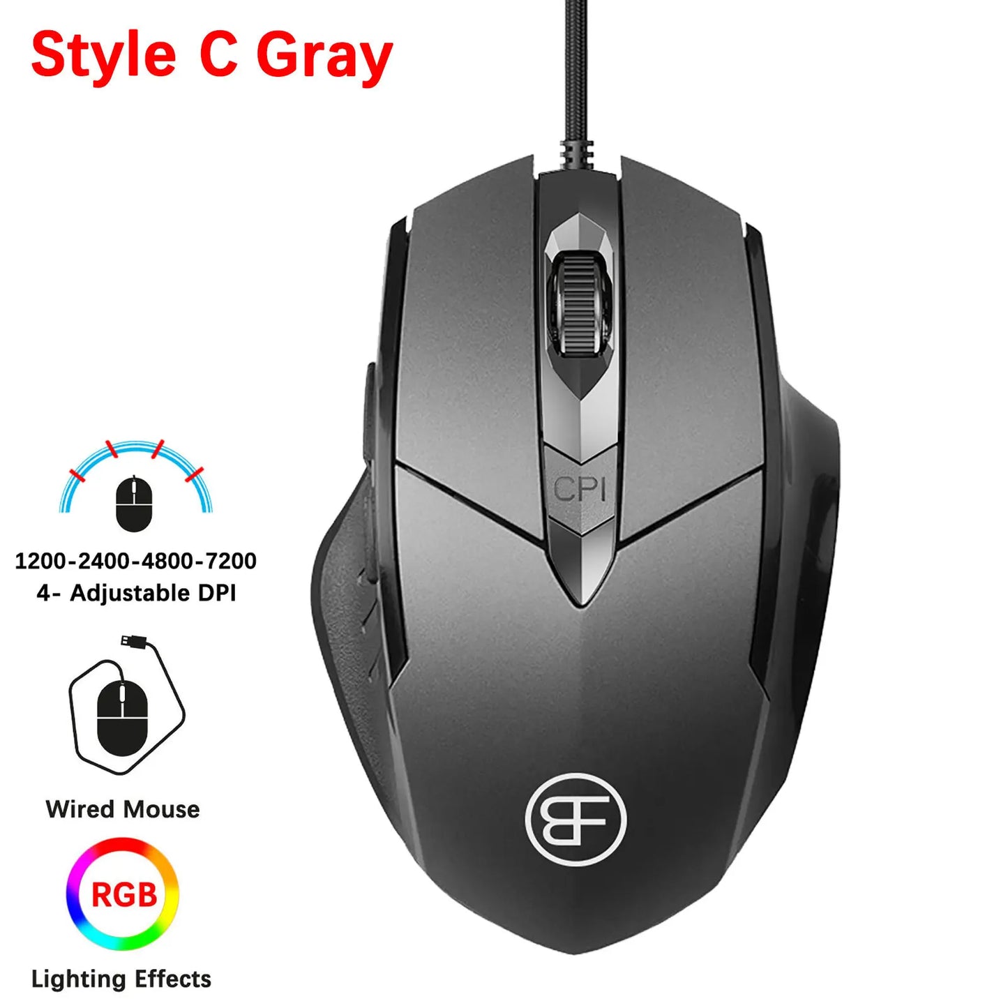 Souris Gaming Ergonomique RGB — 6 Boutons 7200 DPI, Noir ou Gris