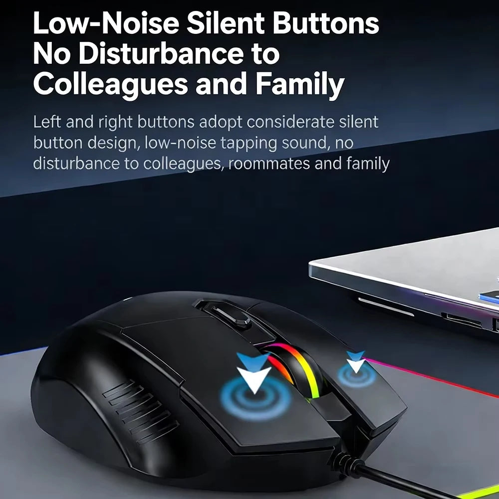 Souris Gaming Filaire Silencieuse RGB — 6 Boutons 7200 DPI