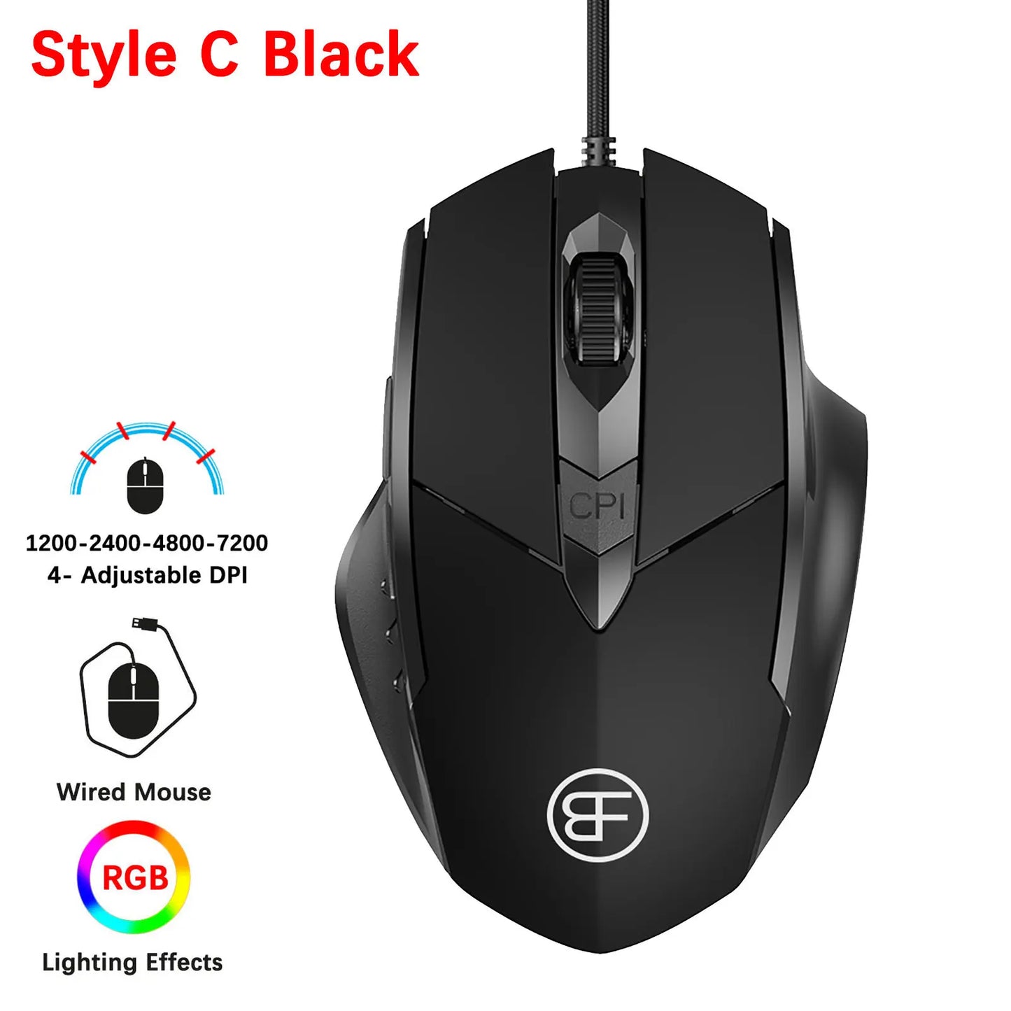 Souris Gaming Ergonomique RGB — 6 Boutons 7200 DPI, Noir ou Gris