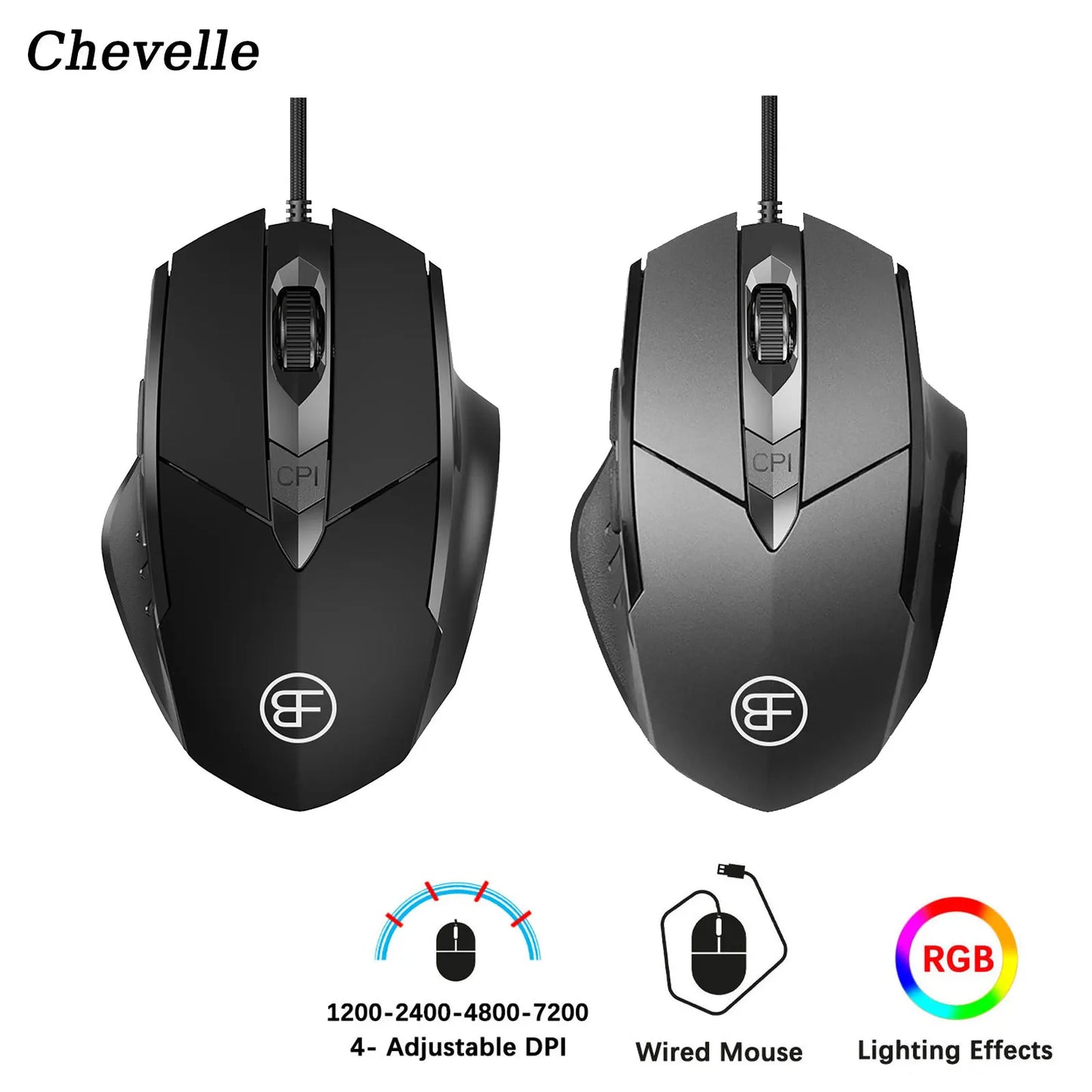 Souris Gaming Ergonomique RGB — 6 Boutons 7200 DPI, Noir ou Gris