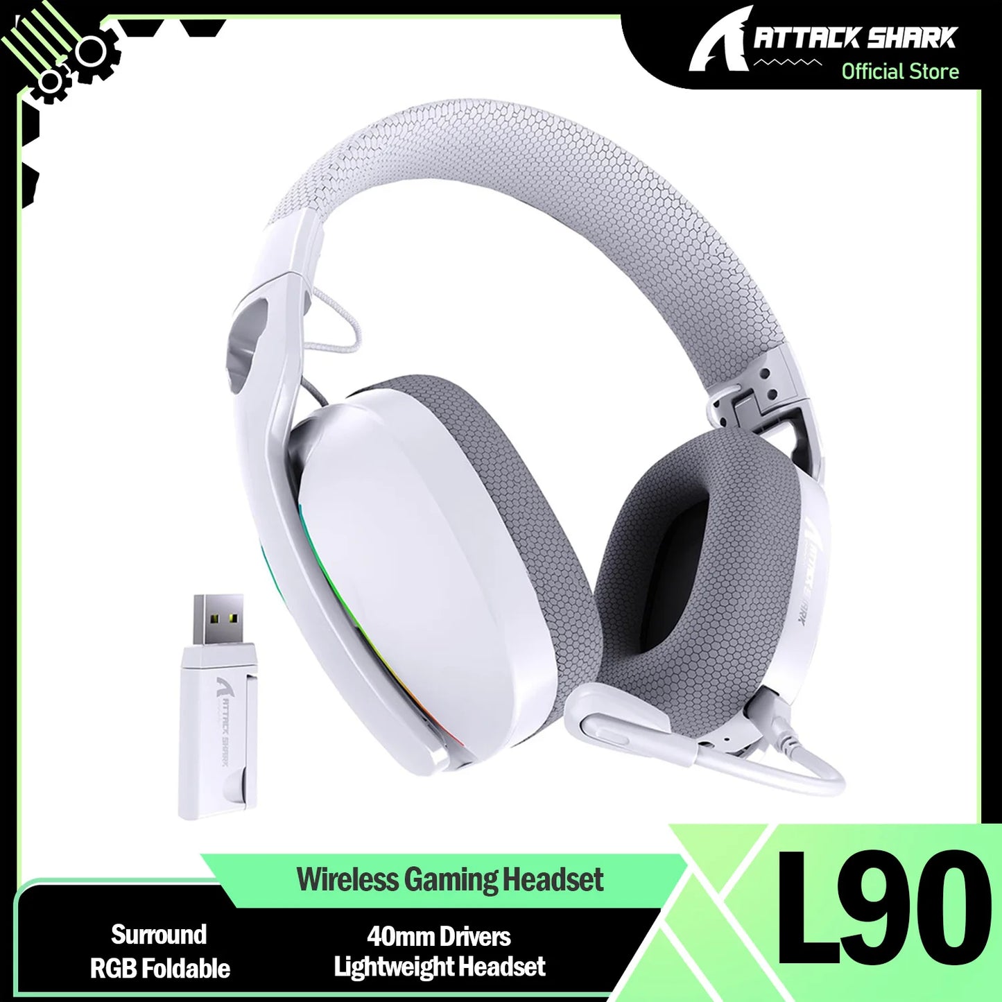 Casque Gaming ATTACK SHARK L90 — Sans Fil Ultra-Léger, 7.1 Surround, RGB, 35h