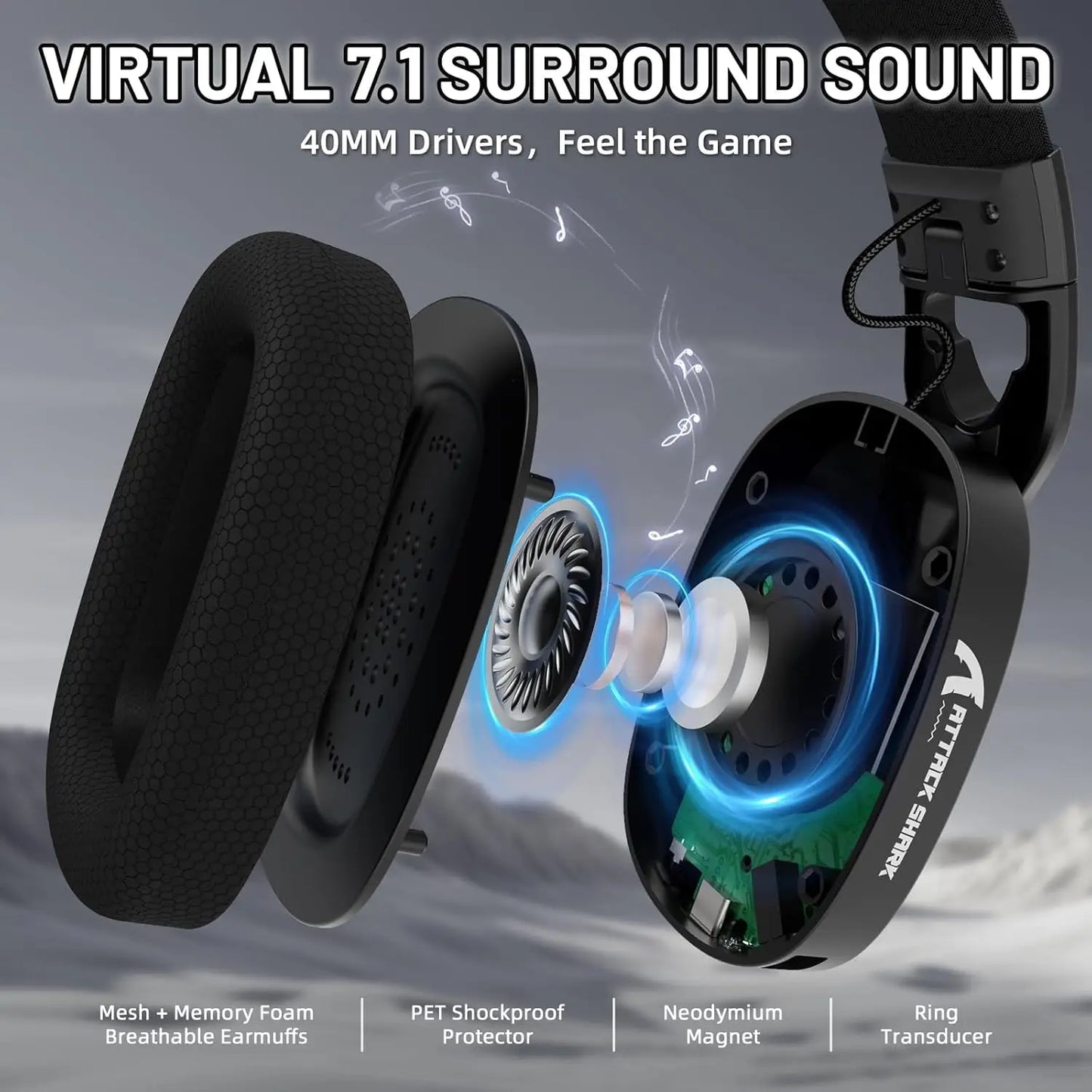 Casque Gaming ATTACK SHARK L90 — Sans Fil Ultra-Léger, 7.1 Surround, RGB, 35h