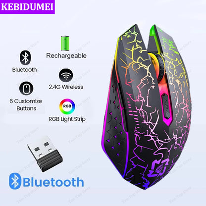Souris Gaming Sans Fil RGB — Bluetooth 5.2 & 2.4G, 6 Boutons Silencieux