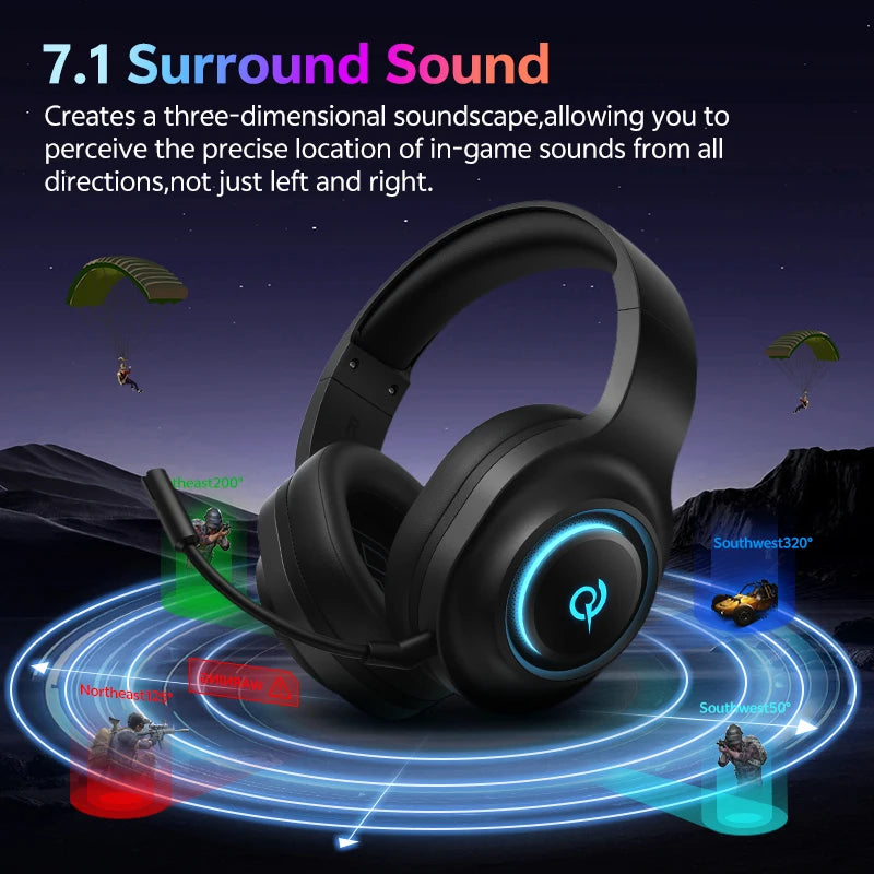 Casque Gaming QCY Heroad V200 — Bluetooth 6.0, 7.1 Surround, RGB, 240h
