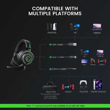 Casque Gaming Pro 7.1 Surround — Micro ENC, USB/Type-C/3.5mm, PS4/PS5/Xbox/PC